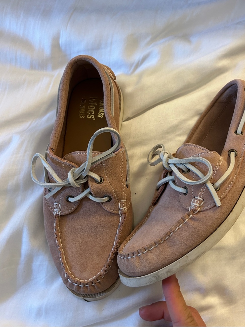 Sperry Suede Boat Shoes in Blush with White Laces